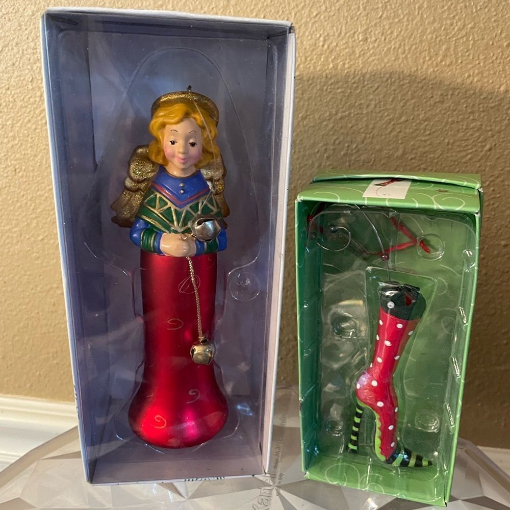 Department 56 Angel with Bells Ornament Plus Dept Glass Boot Ornament